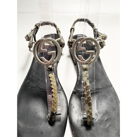 Gucci Thong Sandals Black w/ Silver GG Logo Python Accents Sz EU 34.5 4.5 - Picture 6 of 13